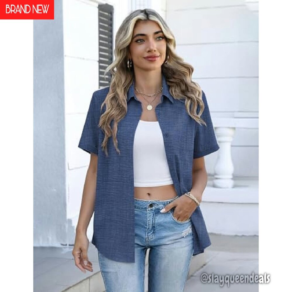 Short Sleeve Button Down Blouse - Soft Stretch Fa… - image 4